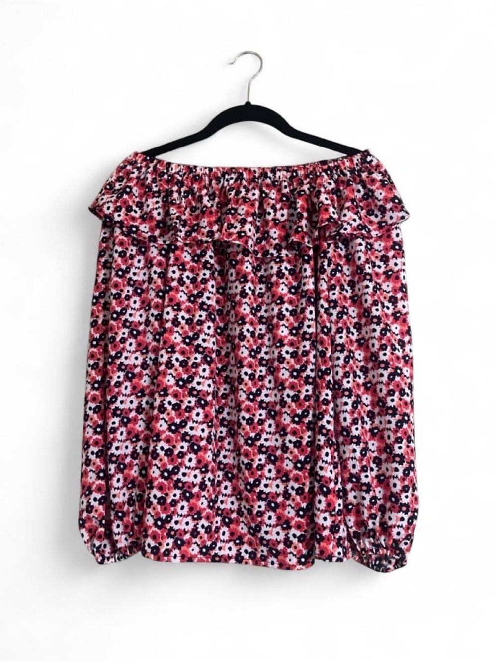 Michael Kors Blouse Sz S Off-Shoulder/w Ruffles Pink/Black Florals Cottagecore